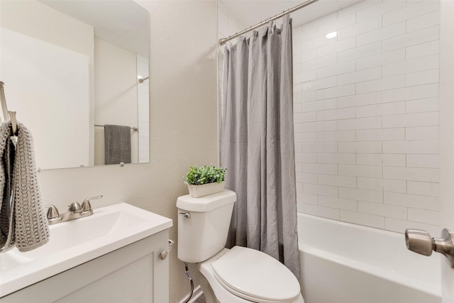 bathroom featuring shower / bath combination with curtain, vanity, and toilet