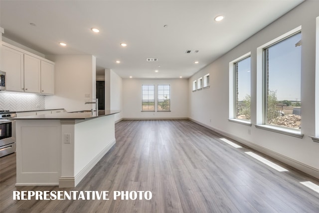 kitchen featuring white cabinets, light wood-type flooring, appliances with stainless steel finishes, and tasteful backsplash