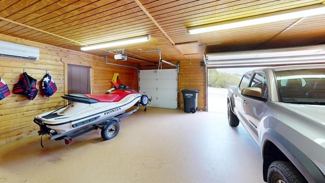 garage featuring wooden ceiling, a garage door opener, a wall mounted AC, and wooden walls