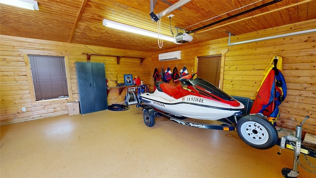 garage with a wall mounted air conditioner, a garage door opener, wooden walls, and wood ceiling