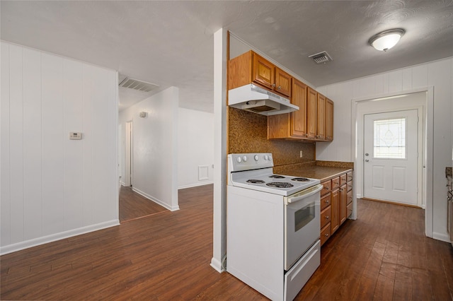 kitchen with dark hardwood / wood-style flooring and white electric range