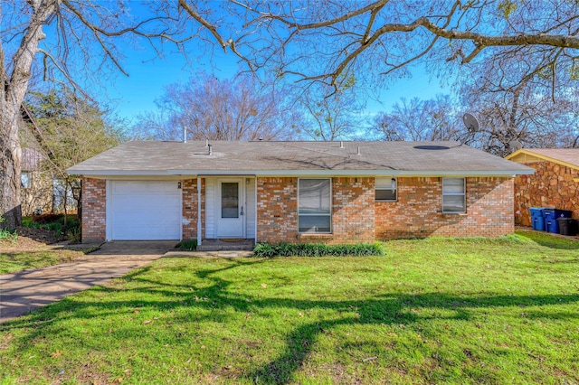 ranch-style home with a garage and a front lawn