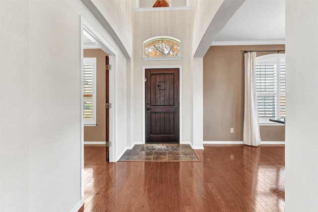 foyer featuring crown molding and dark hardwood / wood-style flooring