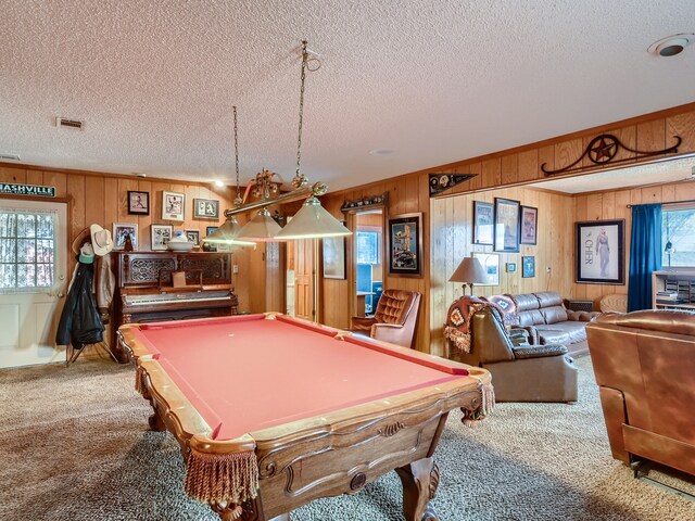 game room with carpet, a healthy amount of sunlight, and pool table