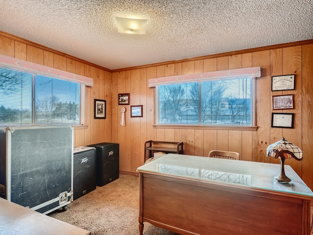 bedroom with wood walls, light colored carpet, and a textured ceiling