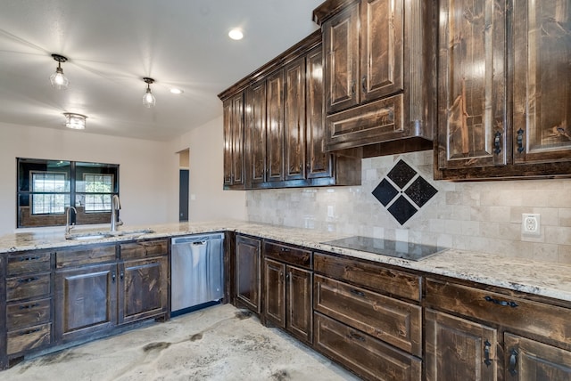 kitchen with dark brown cabinetry, dishwasher, sink, black electric cooktop, and decorative backsplash