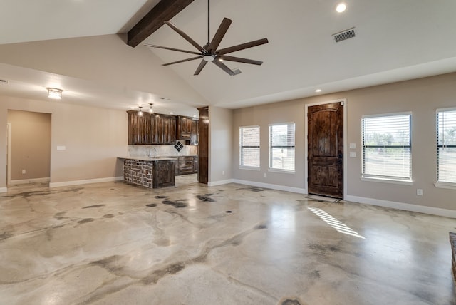 unfurnished living room featuring beamed ceiling, ceiling fan, and high vaulted ceiling