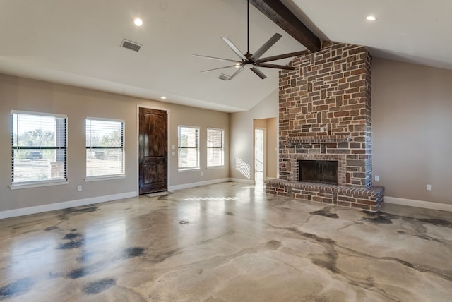 unfurnished living room featuring ceiling fan, a fireplace, beamed ceiling, and high vaulted ceiling