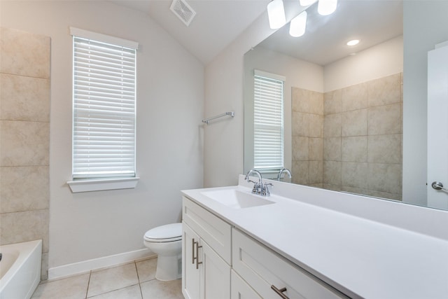 full bathroom with vanity, lofted ceiling, tile patterned flooring, toilet, and independent shower and bath