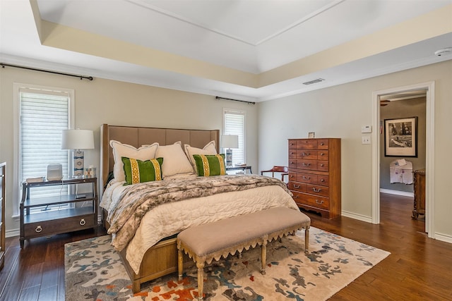 bedroom featuring dark wood-type flooring and a raised ceiling