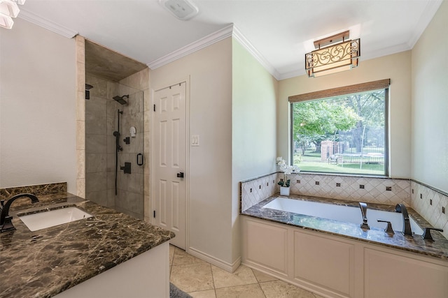 bathroom featuring tile patterned flooring, crown molding, vanity, and plus walk in shower