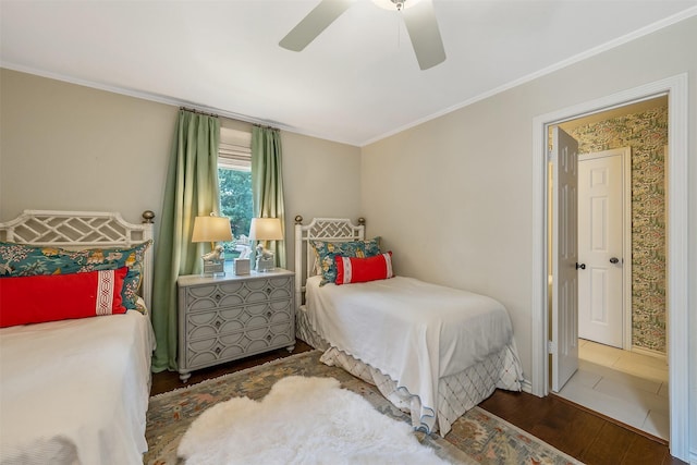 bedroom featuring crown molding, ceiling fan, and wood-type flooring