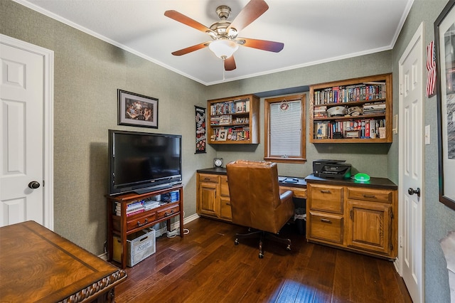 office with crown molding, dark wood-type flooring, and ceiling fan