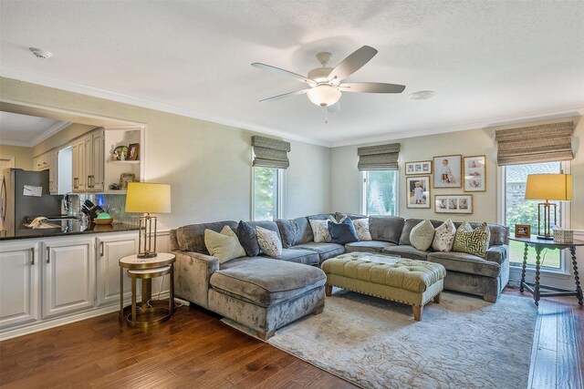 living room with ornamental molding, dark hardwood / wood-style floors, and ceiling fan