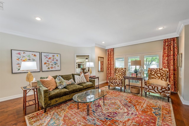 living room featuring crown molding and dark hardwood / wood-style floors