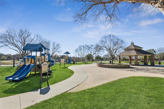 view of jungle gym featuring a gazebo and a yard