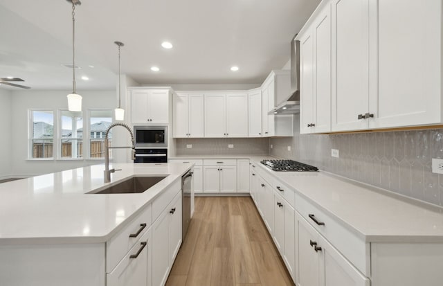 kitchen featuring stainless steel appliances, a sink, wall chimney range hood, and tasteful backsplash