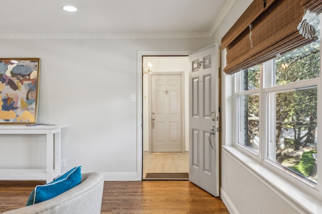 interior space featuring wood-type flooring and ornamental molding