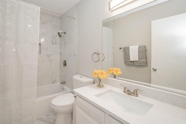 full bathroom with shower / tub combo with curtain, vanity, and toilet