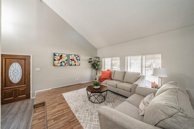 living room with light hardwood / wood-style floors and high vaulted ceiling