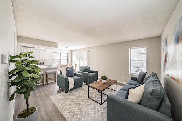 living room featuring light wood-type flooring, a textured ceiling, and a wealth of natural light