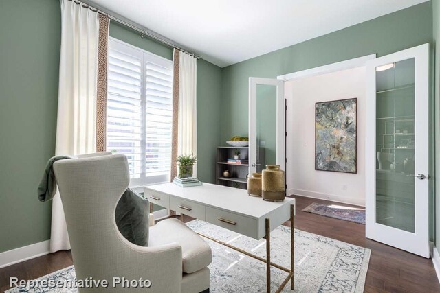 home office featuring french doors and dark hardwood / wood-style floors