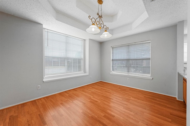 empty room featuring hardwood / wood-style flooring, a tray ceiling, a textured ceiling, and a wealth of natural light