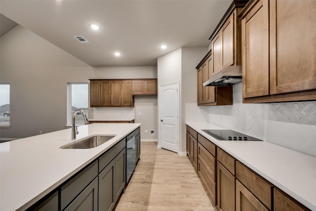 kitchen with dishwasher, sink, light hardwood / wood-style flooring, black electric cooktop, and decorative backsplash