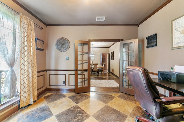 office area with french doors, a healthy amount of sunlight, and ornamental molding