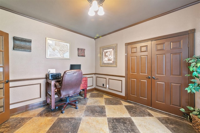 office area featuring crown molding