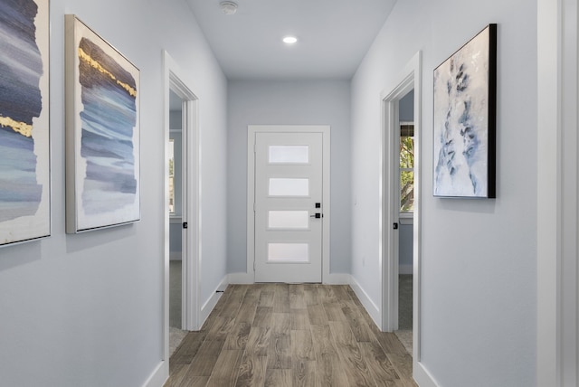 entryway with hardwood / wood-style flooring