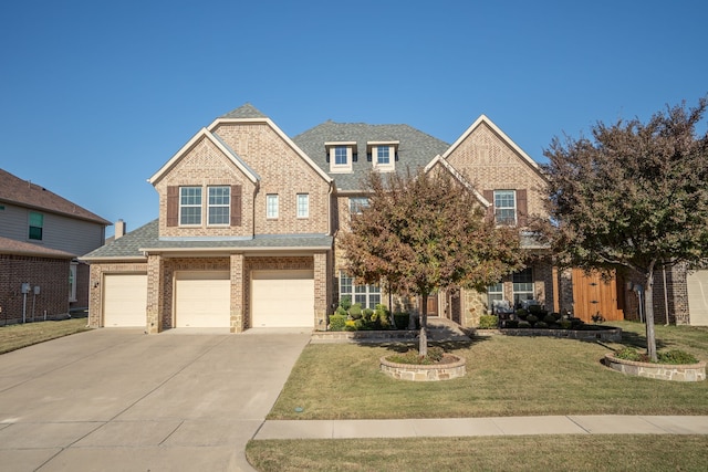 craftsman house with a garage and a front lawn