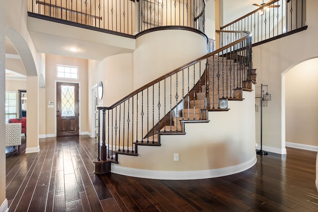 foyer with dark wood-type flooring and a high ceiling