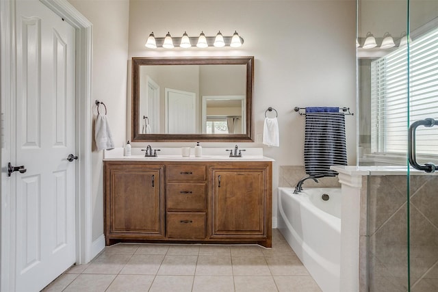 bathroom featuring separate shower and tub, tile patterned flooring, and vanity