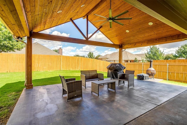 view of patio with an outdoor living space, grilling area, and ceiling fan