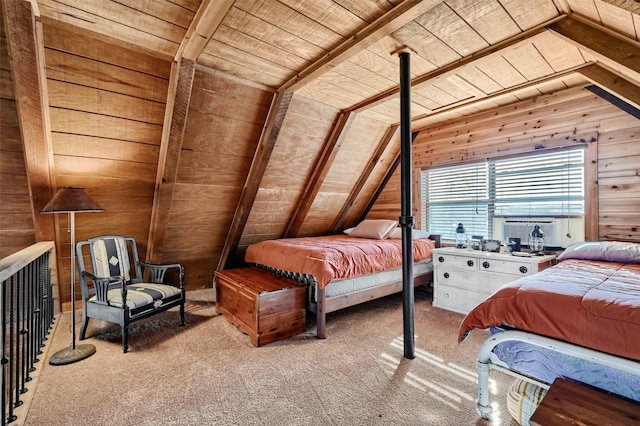 bedroom featuring lofted ceiling with beams, light colored carpet, wood ceiling, and wooden walls