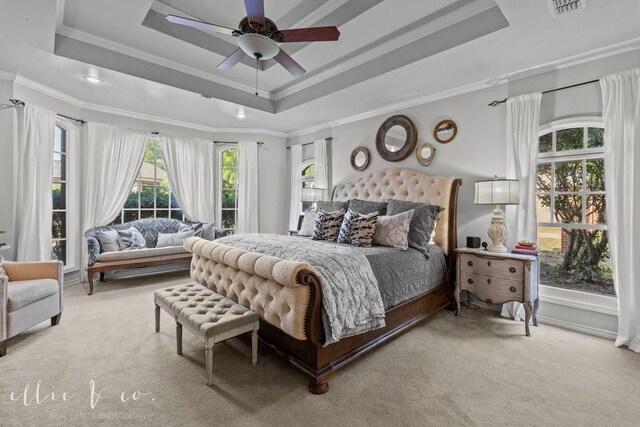 bedroom featuring multiple windows, a tray ceiling, ceiling fan, and light colored carpet