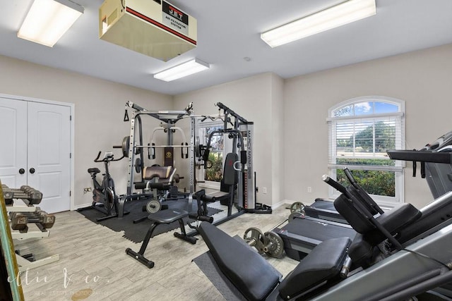 workout area featuring light wood-type flooring