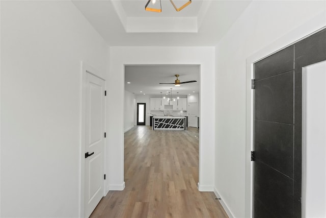 hall with sink, light hardwood / wood-style floors, and a tray ceiling