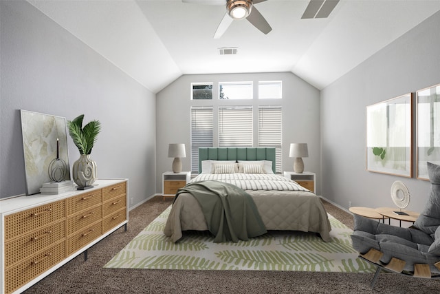 carpeted bedroom featuring ceiling fan and vaulted ceiling