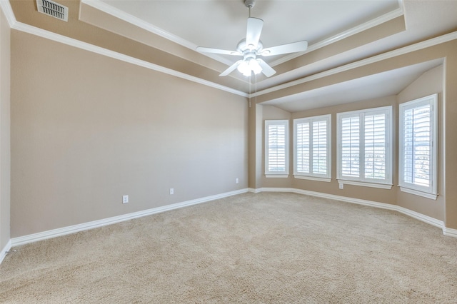 spare room with a raised ceiling, ceiling fan, carpet flooring, and ornamental molding