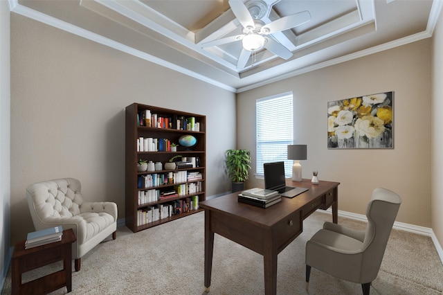 carpeted office space featuring beam ceiling, crown molding, ceiling fan, and coffered ceiling