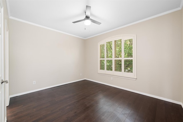 unfurnished room with crown molding, ceiling fan, and dark hardwood / wood-style flooring