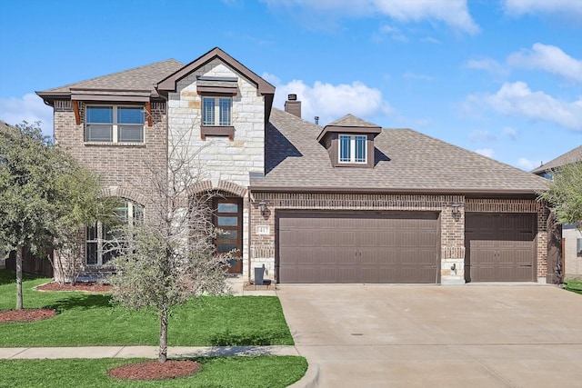 view of front of property with a front lawn and a garage