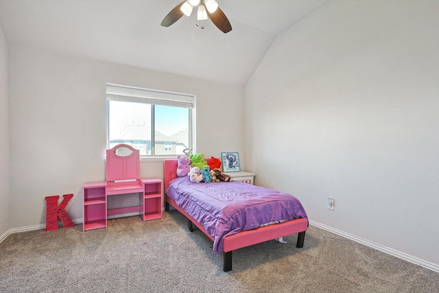 bedroom with lofted ceiling, carpet floors, and ceiling fan