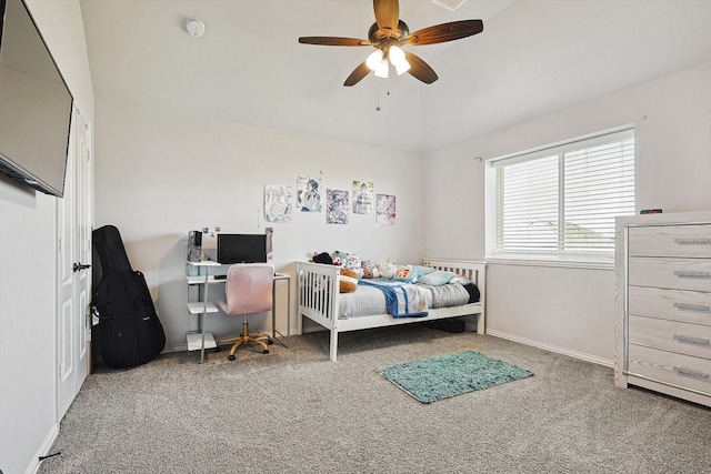 bedroom with ceiling fan and carpet flooring