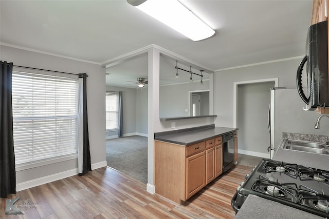 kitchen with ceiling fan, crown molding, sink, black appliances, and light hardwood / wood-style floors