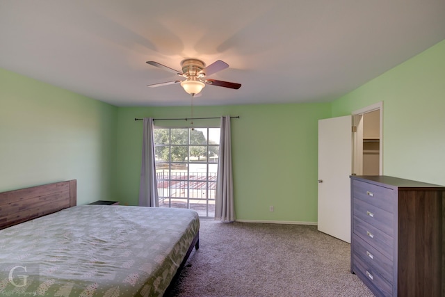 unfurnished bedroom featuring access to outside, ceiling fan, and carpet