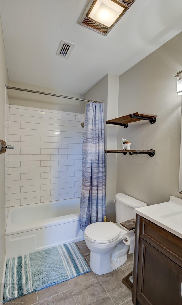 full bathroom with shower / bath combination with curtain, vanity, toilet, and tile patterned floors