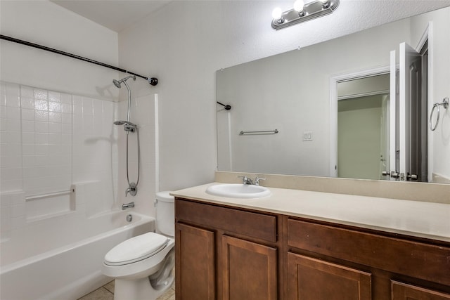 full bathroom featuring tile patterned floors, vanity, toilet, and washtub / shower combination